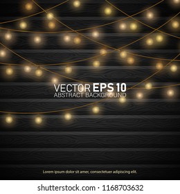 Christmas lights on wooden background. Happy New Year. Festive christmas decorations. Isolated realistic design elements. Space for text. Happy New Year.