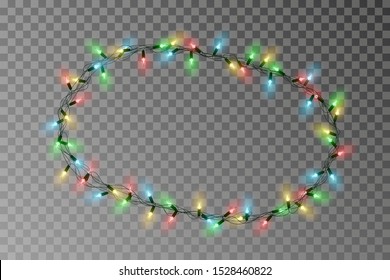 Christmas lights oval border vector, light string frame isolated on background with copy space. Transparent decorative garland. Xmas light roun border effect. Holiday decor. Vector illustration.