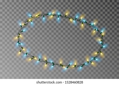 Christmas lights oval border vector, light string frame isolated on background with copy space. Transparent decorative garland. Xmas light roun border effect. Holiday decor. Vector illustration.