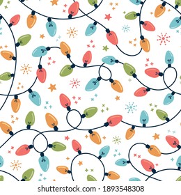 Christmas lights pattern. New Year String Colorful Festive Fairy Lights on White Background Vector Seamless Pattern. 