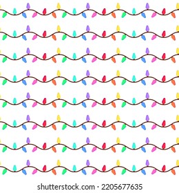 Christmas lights pattern. New Year String Colorful Fairy Lights on White Background Vector Seamless Pattern. Winter Holiday Print.