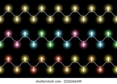 Christmas lights pattern set. Xmas garlands in different color, seamless repeating colorful lights.