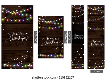 Christmas lights poster with shining and glowing garlands on wooden background Lettering Merry Christmas. Web banner vector illustration