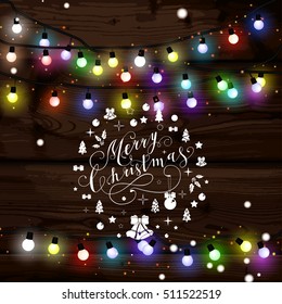Christmas lights poster with shining and glowing garlands. Merry Christmas lettering. Christmas background