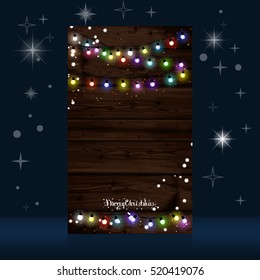 Christmas lights poster with shining and glowing garlands on wooden background Lettering Merry Christmas. Web banner vector illustration,