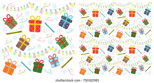 Christmas lights and present boxes seamless patterns. Two layers of   seamless patterns are grouped, each you can separate apart.