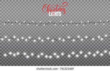 Christmas lights. Realistic decoration design elements for Xmas. Three types of glowing lights for winter holidays. Shiny garlands for Christmas and New Year