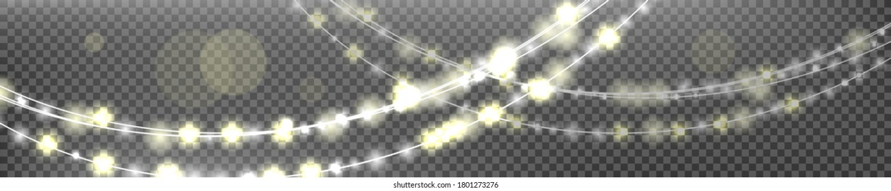 Christmas lights realistic design vector elements. Glowing lights for Xmas Holiday greeting card design illustration. Garlands, Christmas decorations.