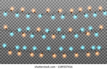 Christmas lights. Realistic multicolored string lights garland for New Year and Xmas season. Isolated shiny lights with transparent effect