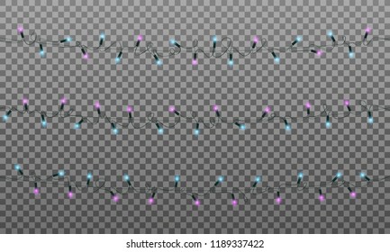 Christmas lights. Realistic multicolored string lights garland for New Year and Xmas season. Isolated shiny lights with transparent effect