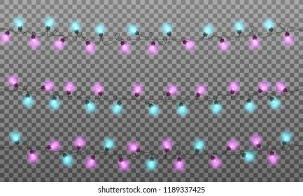 Christmas lights. Realistic multicolored string lights garland for New Year and Xmas season. Isolated shiny lights with transparent effect