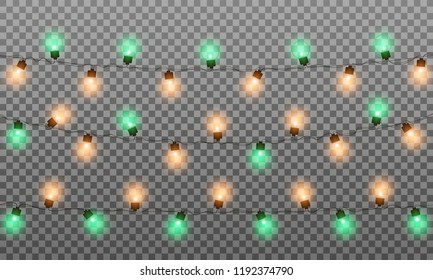 Christmas lights. Realistic multicolored string lights garland for New Year and Xmas season. Isolated shiny lights with transparent effect