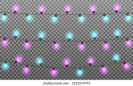 Christmas lights. Realistic multicolored string lights garland for New Year and Xmas season. Isolated shiny lights with transparent effect