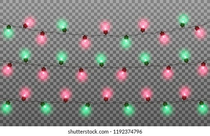 Christmas lights. Realistic multicolored string lights garland for New Year and Xmas season. Isolated shiny lights with transparent effect