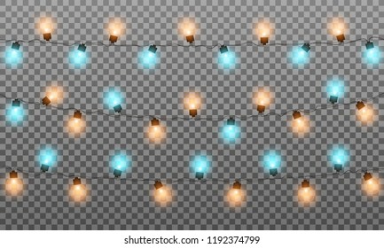 Christmas lights. Realistic multicolored string lights garland for New Year and Xmas season. Isolated shiny lights with transparent effect