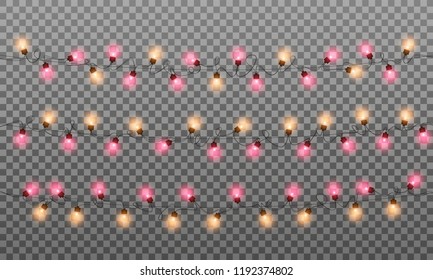Christmas lights. Realistic multicolored string lights garland for New Year and Xmas season. Isolated shiny lights with transparent effect