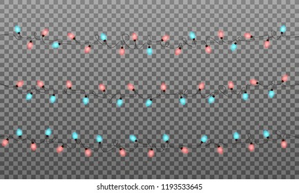 Christmas lights. Realistic multicolored string lights garland for New Year and Xmas season. Glowing isolated shiny lights with transparent effect