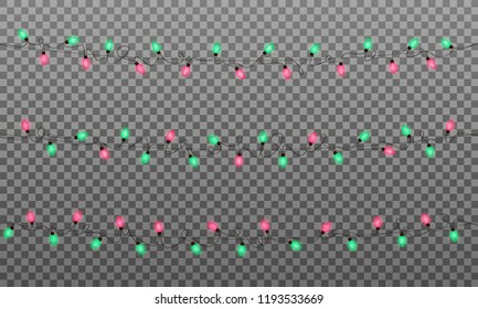 Christmas lights. Realistic multicolored string lights garland for New Year and Xmas season. Glowing isolated shiny lights with transparent effect