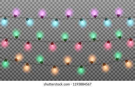 Christmas lights, realistic multicolored string lights garland for New Year and Xmas season. Glowing isolated shiny lights with transparent effect