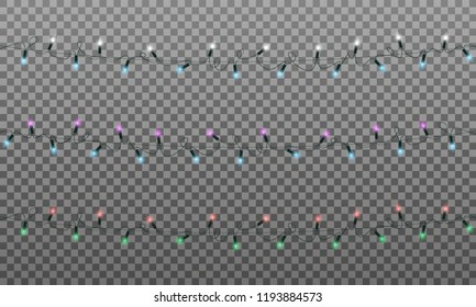 Christmas lights, realistic multicolored string lights garland for New Year and Xmas season. Glowing isolated shiny lights with transparent effect