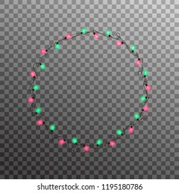 Christmas lights. Realistic multicolored string lights for New Year and Xmas season. Glowing isolated shiny lights with transparent effect