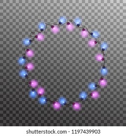 Christmas lights. Realistic multicolored string lights for New Year and Xmas season. Glowing isolated shiny lights with transparent effect.