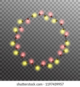 Christmas lights. Realistic multicolored string lights for New Year and Xmas season. Glowing isolated shiny lights with transparent effect.