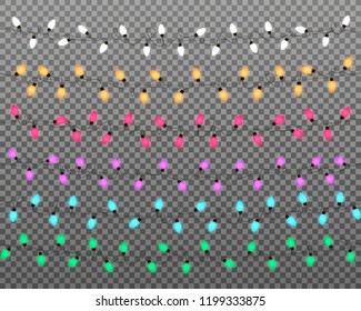 Christmas lights. Realistic multicolored string lights garland for New Year and Xmas season. Set of glowing isolated shiny lights with transparent effect