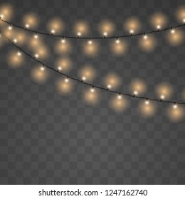 Christmas lights realistic  on transparent background. Golden glowing garlands lights  string for Xmas Holiday cards. Vector Illustration