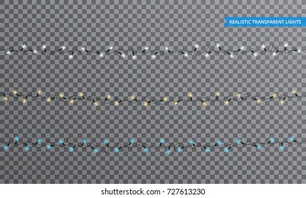 Christmas lights. Realistic string lights design elements with transparency. Glowing lights for winter holidays. Shiny garlands for Xmas and New Year.