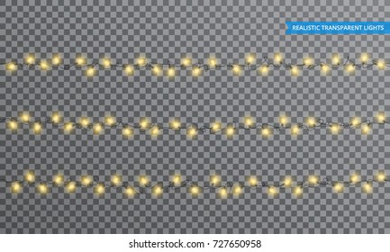 Christmas lights. Realistic string lights design elements with transparency. Glowing lights for winter holidays. Shiny garlands for Xmas and New Year