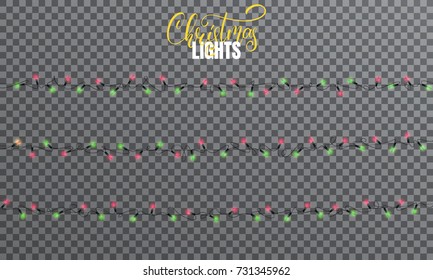 Christmas lights. Realistic string lights design elements of red and green colors. Glowing lights for winter holidays. Shiny garlands for Xmas and New Year