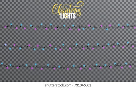 Christmas lights. Realistic string lights design elements of blue and purple colors. Glowing lights for winter holidays. Shiny garlands for Xmas and New Year
