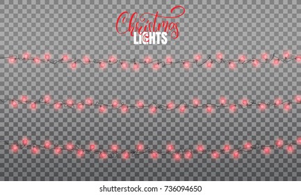 Christmas lights. Realistic string lights design elements of red colors. Glowing lights for winter holidays. Shiny garlands for Xmas and New Year.