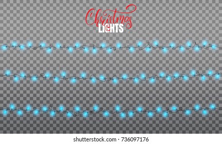 Christmas lights. Realistic string lights design elements blue colors. Glowing lights for winter holidays. Shiny garlands for Xmas and New Year.