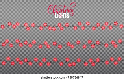 Christmas lights. Realistic string lights design elements of star shape lamps. Glowing lights for winter holidays. Shiny garlands for Xmas and New Year.