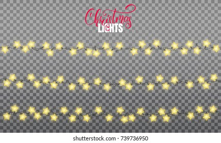 Christmas lights. Realistic string lights design elements of star shape lamps. Glowing lights for winter holidays. Shiny garlands for Xmas and New Year.