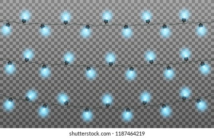 Christmas lights. Realistic string lights garland for New Year and Xmas. Isolated blue lights vector effect