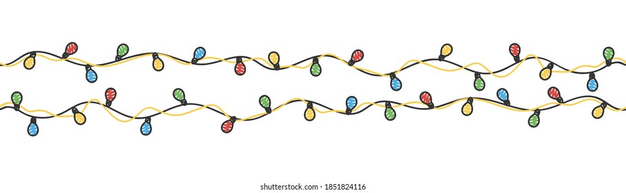 Christmas lights. Red, yellow, blue and green glow bulbs on wires. Hand drawn vector illustration.