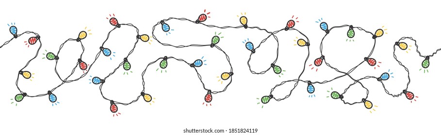 Christmas lights. Red, yellow, blue and green glow bulbs on wires. Hand drawn vector illustration.