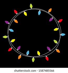 Christmas lights round frame. Holiday festive xmas decoration. Colorful string fairy light set. Lightbulb glowing garland. Rainbow color. Flat design. Black background. Isolated. Vector illustrtion