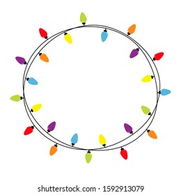 Christmas Lights Round Frame. Holiday Festive Xmas Decoration. Colorful String Fairy Light Set. Lightbulb Glowing Garland. Rainbow Color. Flat Design. Isolated. White Background. Vector Illustrtion