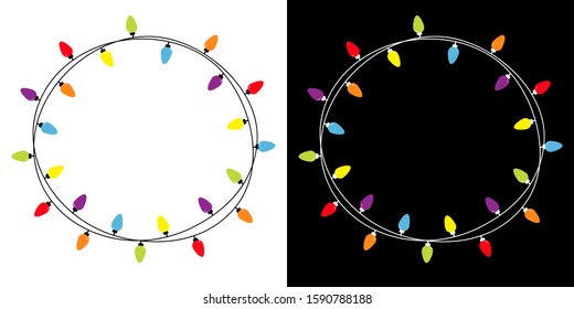 Christmas lights round frame set. Holiday festive xmas decoration. Colorful string fairy light set. Lightbulb glowing garland. Rainbow color. Flat design. Isolated. White black background. Vector