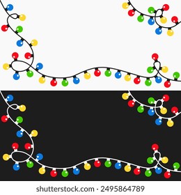 Luces de Navidades redondas. Línea de guirnalda brillante de bombilla. Cuerda colorida de la esquina de la luz del hada. Decoración navideña de dibujos animados. Color arco iris. Diseño plano. Aislado. Fondo blanco negro. Vector