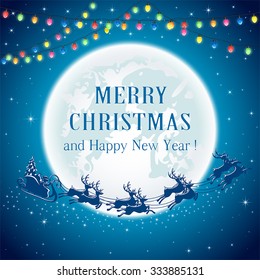 Christmas lights and Santa on Moon background, illustration.