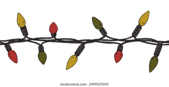 Christmas Lights seamless border. Vector outline illustration. Hand drawn vintage holiday garland. Xmas decor line art. Drawing string of bulbs. Background for New Year frames or cards. Color change
