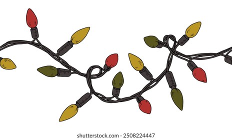 Christmas Lights seamless border. Vector outline illustration. Hand drawn vintage holiday garland. Xmas decor line art. Drawing string of bulbs. Background for New Year frames or cards. Color change