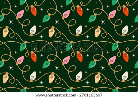 Christmas lights seamless pattern. Christmas background with festive lights garlands. Colorful vector illustration.