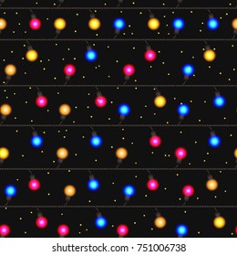 Christmas lights seamless pattern. Garlands, Christmas decorations. Glowing lights for Xmas Holiday greeting card design. 

