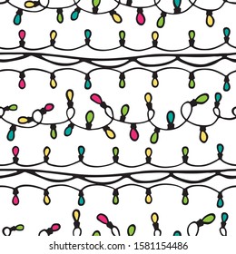 Christmas lights seamless pattern. Hand drawn style. Doodle style. Christmas or New Year vector illustration. Design element for fabric, banner, wrapping paper, wallpaper.